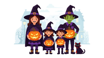 Halloween Family with Pumpkin Lanterns: A cheerful family dressed in Halloween costumes joyfully holding carved pumpkin lanterns, illuminated by an evening ambiance, full of the spooky spirit.