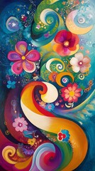 A painting of a flowery swirl with a blue background