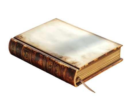 Aged leather-bound book with blank cover, ornate spine detailing, and aged pages visible at the edges, showing a worn, antique aesthetic