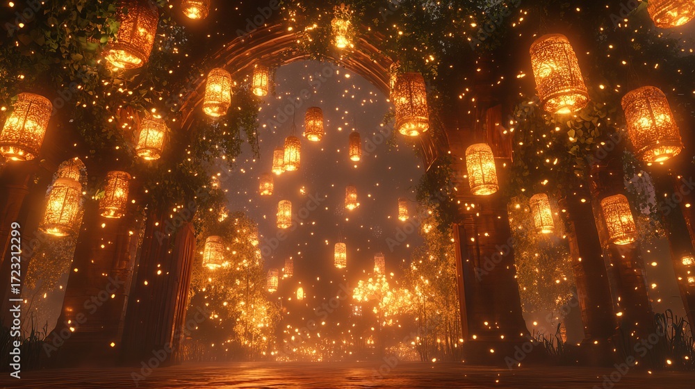 Poster experience the magic of an enchanted forest pathway illuminated by glowing lanterns, creating a sere