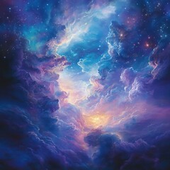 Obraz premium An awe-inspiring cosmic cloudscape rich with vibrant colors and shimmering stars, evoking a sense of wonder and infinite beauty in the universe.