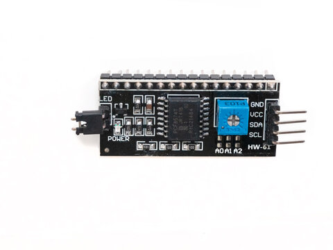 I2C interface module for LCD display on white background with connector pins