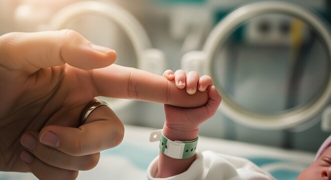 Close-up of premature baby's tiny hand holding parent's finger, soft hospital incubator background, warm gentle lighting, tender emotional focus