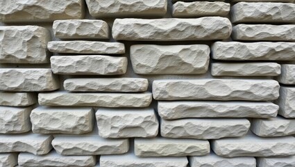 Close-up view of a textured light gray stone wall composed of rectangular blocks, showcasing a natural stone appearance.