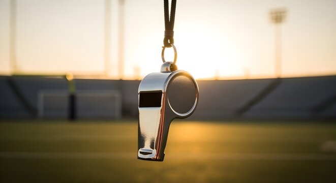 Close-up of referee's whistle hanging on neck, blurred football field background, warm golden-hour light, concept of fair play and game rules
