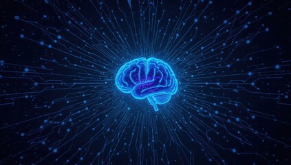 A digital illustration of a human brain, highlighted by luminous circuitry, radiating outward in a dark background.