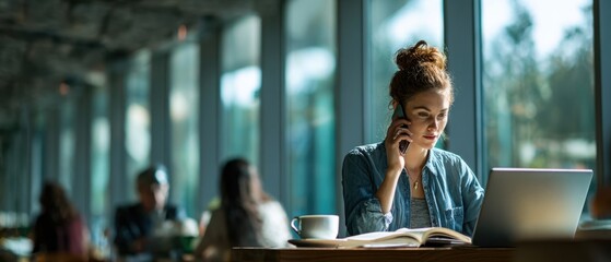The woman engaged in a phone conversation while working on her laptop.