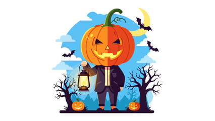 Halloween's Pumpkin-Head Character: A spooky illustration of a pumpkin-headed figure, lantern in hand, set against a night sky, capturing the essence of the autumnal holiday's fright and fun.