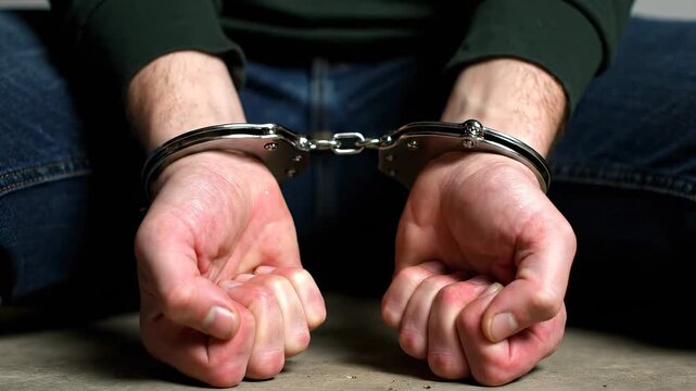 Man in Handcuffs Arrested and Sitting on Floor.