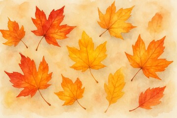 Watercolor illustration of colorful autumn maple leaves in warm shades of red, orange, and yellow on soft background.
