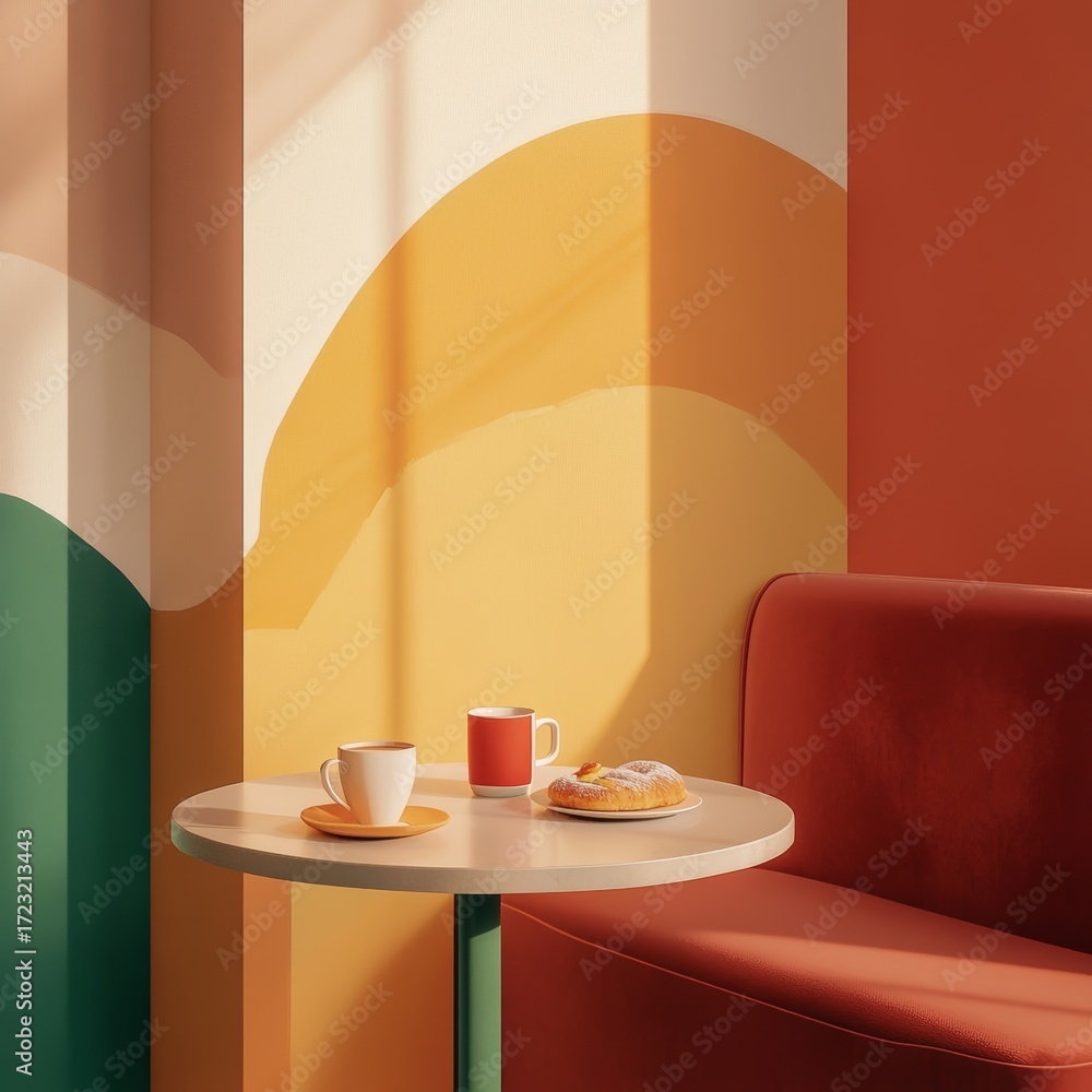 Aufkleber table with two cups and a pastry sits in front of a wall with a yellow and green design