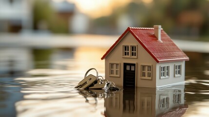 insurance report with a small safe home model, keys on the desk, blurred background of a flood zone