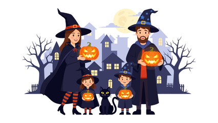 Family Halloween Night: A charming illustration depicts a family dressed in Halloween attire, holding jack-o'-lanterns, set against a spooky silhouette of a haunted house.