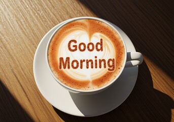 A cup of coffee with a heart design and the words good morning on top