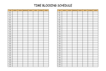 24 Hourly Weekly Schedule - Monday Start. Mockup for daily scheduling and time management. 30-minute increment hourly planner templates. Time Planner.