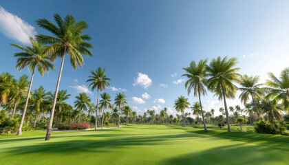 Fototapeta premium Golf course with lush green fairway surrounded by tall palm trees under bright blue sky, creating relaxing tropical atmosphere perfect for outdoor recreation and leisure activities