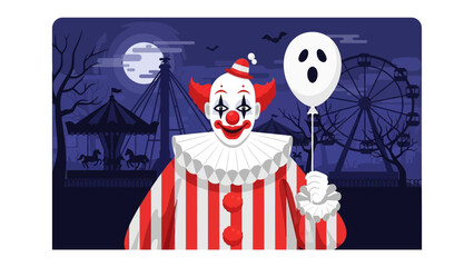 Fototapeta premium Carnival Clown in a Spooky Night: A jovial clown in a festive striped outfit and striking makeup stands with a spectral balloon in front of a dark, moonlit carnival setting.