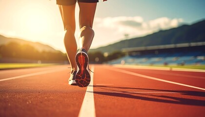 Athletic legs on a track stride toward setting sun. Motion and energy are captured as the athlete moves