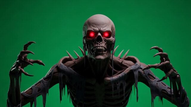 Terrifying Skeleton Creature with Glowing Red Eyes and Sharp Claws on Green Screen