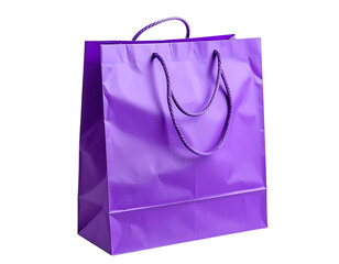 A vibrant purple paper shopping bag with twisted rope handles, slightly creased, standing on a black background