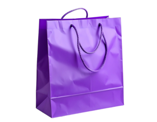 A vibrant purple paper shopping bag with twisted rope handles, slightly creased, standing on a black background