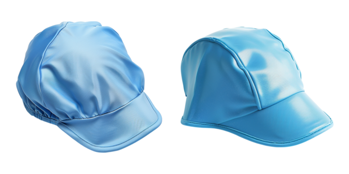 Two views of a light blue baseball cap with a shiny finish