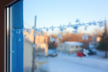 Frosty window pane with snow crystals
