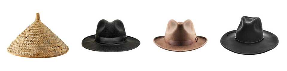 Collection of assorted hats including Asian conical fedora style hats