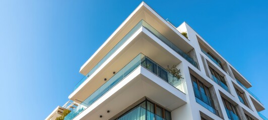 The modern white apartment building with glass balconies against a blue sky
