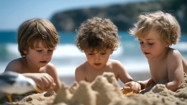 Family building sandcastle on beach scooping buckets lapping waves giggling kids circling seagull. Playful photo with sand grains water ripples seaside fun. three quarter wid