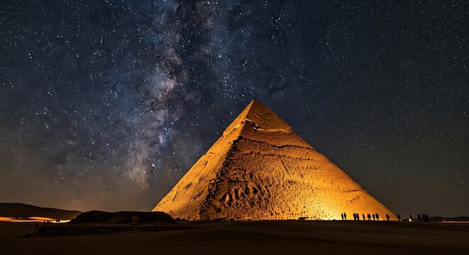 Illuminated Pyramid Against Milky Way at Night.