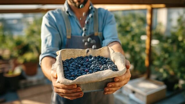 Hands picking fruit on city rooftop dirt stained palms prickly blueberry stems. Dented metal tray creased paper label on pot frayed tarp. Humming city below. Photo with berry