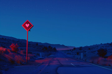 A stop sign on the road, shaped like a heart and painted with happiness, symbolizing joy and love along the journey.