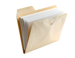Beige file folder slightly askew, overflowing with pristine white papers, suggesting organization or archiving
