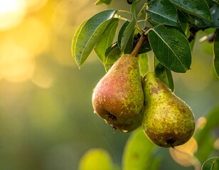 Pears on a branch bathed in sunlight