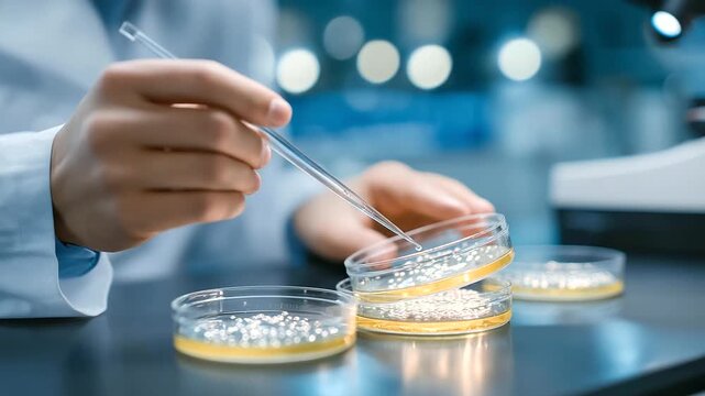 Researcher growing gene edited yeast in lab bubbling bioreactors monitoring pH probes ready harvest ports agar plates. Bubbling photo with bubble trails probe data yeast cult