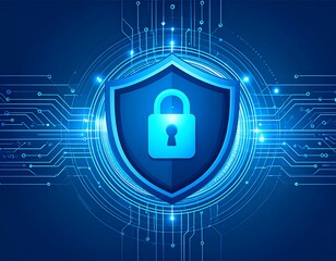 Digital security shield with glowing padlock icon protecting data and network privacy on a futuristic circuit board background, symbolizing secure online information and cyber defense
