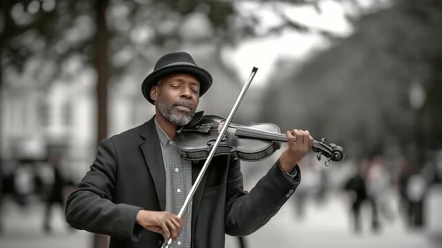 Street performer playing violin in park singing strings tip hat pausing passersby swaying trees. Melodic photo with string vibes coin glints calm artistry. three quarter wide