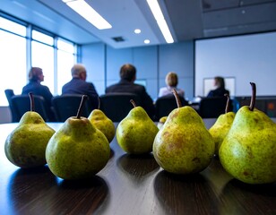 Pears on a conference room table.  Blurred business meeting
