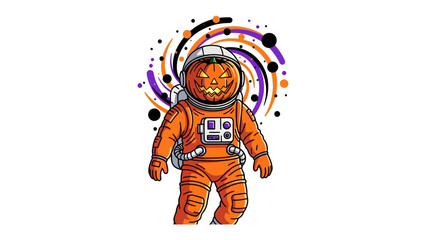 Pumpkin Astronaut's Spooky Adventure: A whimsical illustration showcasing an astronaut with a pumpkin head embarking on an adventure through the cosmos, complete with cosmic patterns.