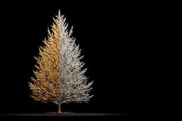 Elegant golden and silver Christmas tree with glowing lights on black background. Glamorous Gold and Silver Tree black background, New Year holiday celebration