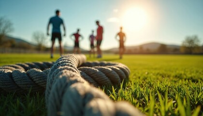 Close-up rugged battle rope coiled on green grass. Group of blurred people training outdoor. Emphasizing endurance, fitness, motivation, determination, strength. Physical exercise, sport equipment,