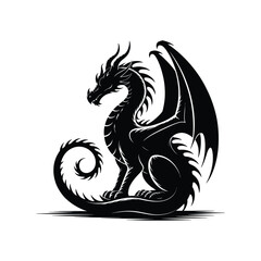 Fototapeta premium Powerful Dragon Silhouette Illustration A Black Vector Design of a Mythical Creature Seated with Wings Folded in a Classic Heraldic Style on White