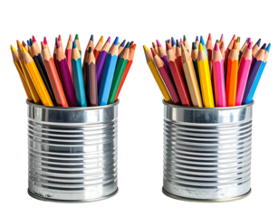 Two metallic cans overflowing with vibrant colored pencils, showcasing a diverse range of hues