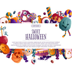 Colorful background with Halloween elements. Rectangular frame with sweets, candies, pumpkins and pastries for posters, flyers, postcards and invitations to Halloween parties. Vector illustration