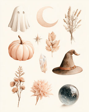 Printable watercolor sheet of ten boho halloween objects on white background with pastel colors and soft hand-painted textures, minimal layout
