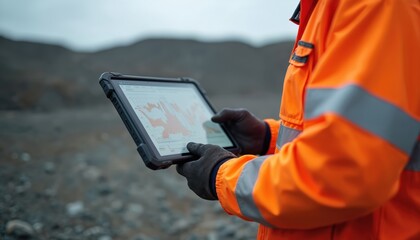 Environmental officer monitors air quality data at lithium mine on tablet. Sustainability monitoring, industrial ecological reporting concept. Protective wear, data sensor tech. Focus on