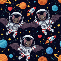 Fototapeta premium Playful bat astronauts explore a starfilled galaxy with colorful planets and rockets