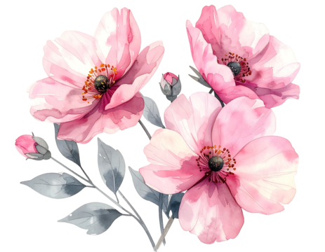 Delicate watercolor painting of three light pink blossoms, two open and one budding, with grey-green foliage, exhibiting soft, blended color transitions