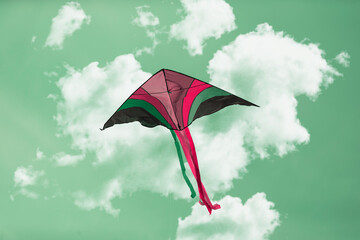 Colorful kite soars against a bright sky during a sunny afternoon in the park, capturing the joy of outdoor play